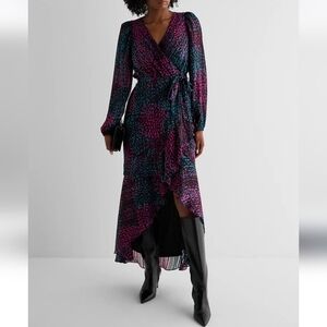 V-Neck Long Sleeve Faux Wrap Midi Dress in Magenta & Teal XS
